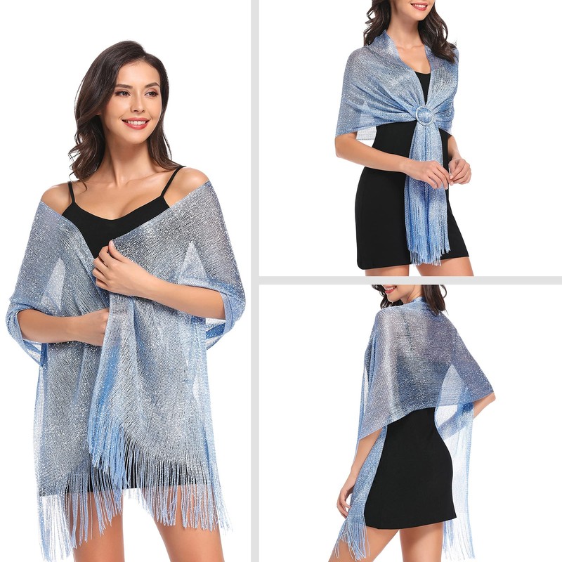 vimate Evening Shawl Wrap, Womens Solid Light Blue Shimmering Evening