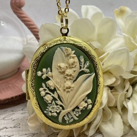 Fancy Fox Boutique St patricks Day Green Lily of Valley Gold Cameo Locket Wedding Birthday Irish