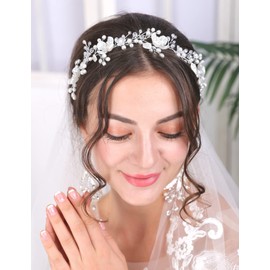 Teyglen Dainty Pearls Rhinestones Headband Hair Vine Silver Handmade Bridal Crystal Flower Leaf Headband Wedding Hair Accessories for Brides Hair Pieces Silver Headpieces for Women Girl Party Prom Birthday