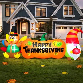KOOY 8FT Inflatable Turkey gnome,Thanksgiving Banner Inflatables Outdoor Decorations with Colorful Tail LED Lights,Blow Up Yard Decorations for Holiday Outdoor,Fall Garden,Lawn Décor Autumn Harvest