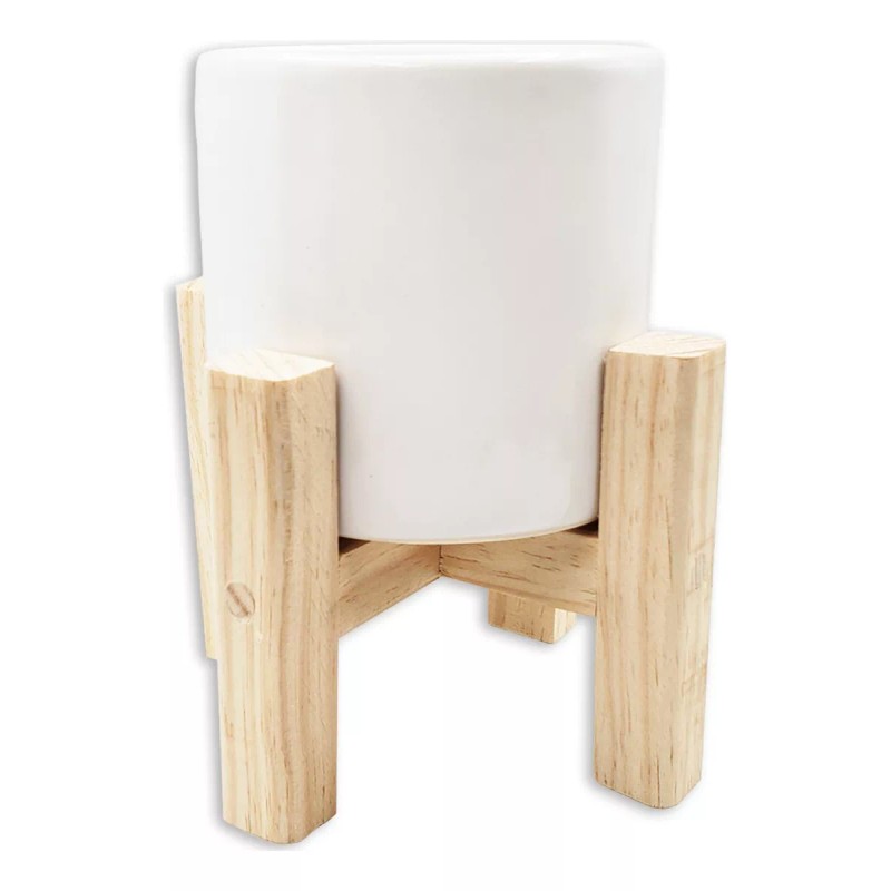 Muna Maceta Blanca De Cerámica Con Base De Madera Minimalista