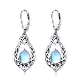 Celtic Knot Dangle Earrings 925 Sterling Silver Oxidized Vintage Dangle Drop Leverback Earrings with 8 * 6mm Simulated Birthstone Crystal, Birthday Earrings Gifts for Women, Sterling Silver, Moonstone