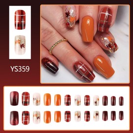 Thanksgiving Press on Nails Medium Square Fake Nails Press ons with Maple Leaves Design Stick on Nails Gold Line Glitter False Nails Orange Full Cover Acrylic Glue on Nail for Women Manicure 24Pcs