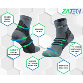 ZaTech Plantar Fasciitis Sock, Compression Socks. Heel, Ankle & Arch Support. (Grey/Black, Large)