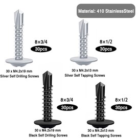 120pcs Self Tapping Screws Metal M4.2 Stainless Steel Self Drilling Screws Cross Drive Round Head Fastening Screws with Plastic Box for Metal Plastic Wood Concrete - Black Silver Size 1/2" 3/4"