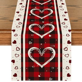 Artoid Mode Buffalo Plaid Love Hearts Valentine's Day Table Runner, Seasonal Kitchen Dining Table Decoration for Indoor Home Party 13x90 Inch