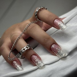 ANDGING Square Press on Nails Short Medium Ombre White Glue on Nails with Bling Glitter Gradient Design Acrylic Fake Nails for Wedding Gel False Nails Women Manicure Stick on Nail with Glue AKL88OL