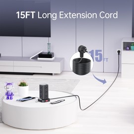 15FT USB C Power Strip Surge Protector Tower, Mini Power Strip Tower Travel 12 AC 4 USB Power Strip with USB Ports, Overload Protection for Home Office