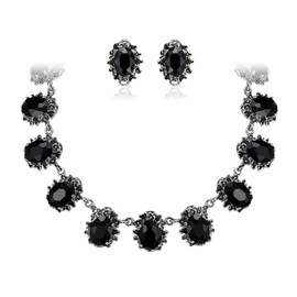 Clearine Victorian Style Statement Necklace Pierced Earrings Jewellery Set for Women Crystal Floral Cameo Inspired Oval Party Prom Jewelry Black Antique-Silver-Tone