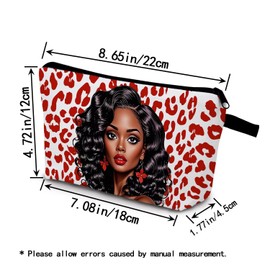 YULUENZE African American Lady Makeup Bag Cute Small Organizer Bag with Zipper Red Leopard Black Woman Cosmetic Bag Aesthetic Birthday Present for Women Sisters Friends