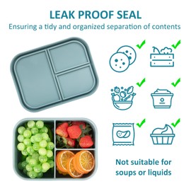 Caja bento de silicona a prueba de fugas para adultos, 3 compartimentos sin BPA, apto para microondas y lavaplatos, caja bento para adultos, recipientes de aperitivos, almacenamiento de alimentos para