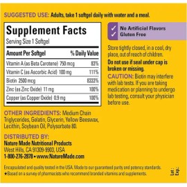 Suplemento Nature Made Hair, Skin  Nails con Biotina y Vitamina C, 120 Cápsulas Blandas                                                               