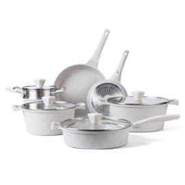 Country Kitchen Non-Stick Cast Aluminum Cookware Set - Durable Kitchen Cookware for Everyday Cooking, Cream Rhombus, 11 Pc.