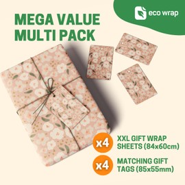 4 x Pink Floral Wrapping Paper - HUGE 84cm x 60cm Eco Friendly Premium Recyclable Gift Wrap for Her, Mum, Wife, Sister and Daughter (4 Sheets & 4 Tags)