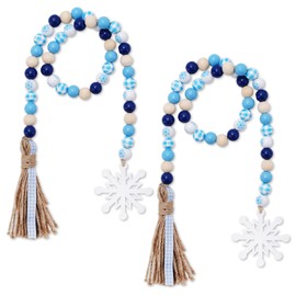 Whaline 2Pcs Winter Wood Beads Garland with Snowflake Pendants Blue White Buffalo Plaids Rustic Farmhouse Xmas Hanging Ornament Snow Flake Beads for Winter Tiered Tray Fireplace Home Decor