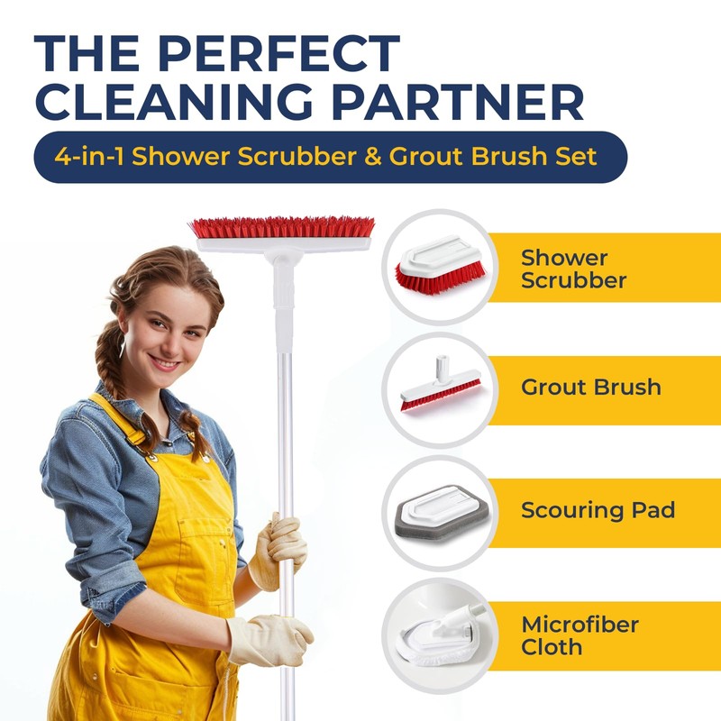 Shower Scrubber with Long Handle, Stiff Bristles Grout-Brush, Tub Scrub-Brush