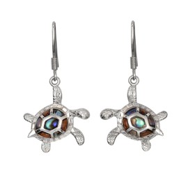 925 Sterling Silver Koa Wood Abalone Shell Turtle Dangle Hook Earrings, Mauka and Makai, Nickle Free Hypoallergenic for Sensitive Skin, Tropical Ocean Jewelry for Women, Gift Box Included