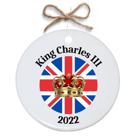 Second Ave King Charles III 2022 Crowning White Ceramic Circle Christmas Xmas Tree Decoration Bauble