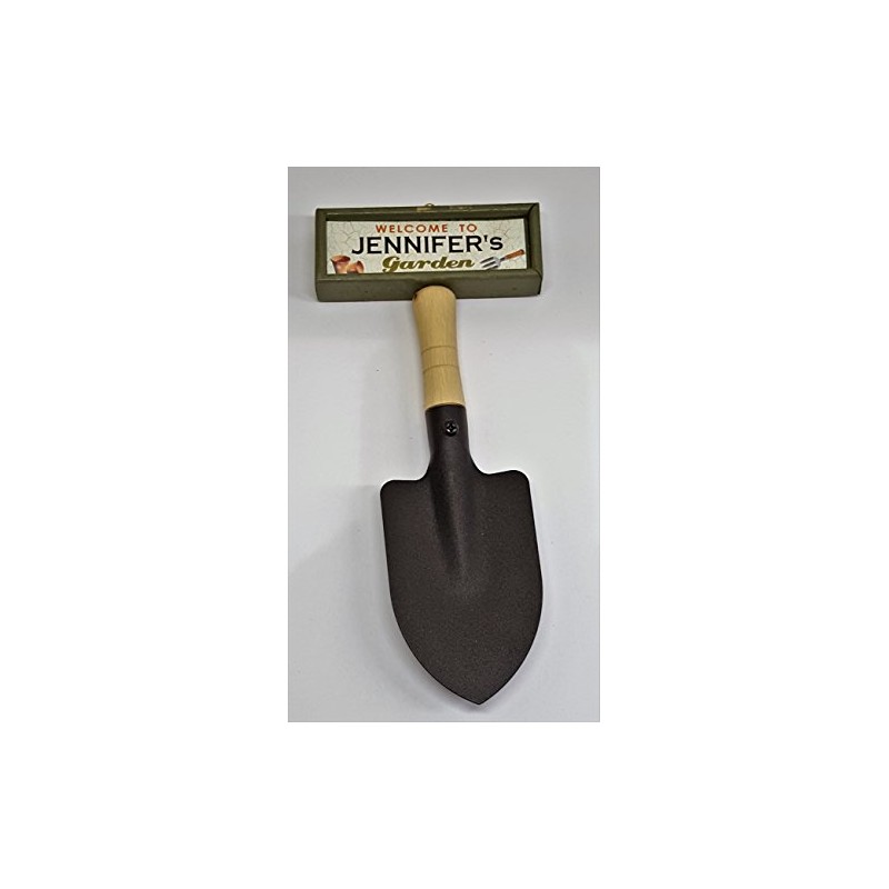 "Welcome to Jennifer's garden" hanging shovel sign
