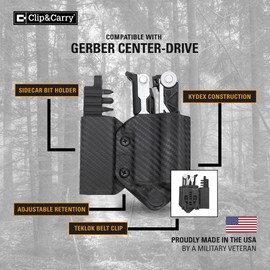 Clip & Carry Kydex - Funda multiherramienta para Gerber Center-Drive con soporte de sidecar de bits ~ Fabricado en Estados Unidos (multiherramienta y brocas no incluidas) Funda multiherramienta (fibra