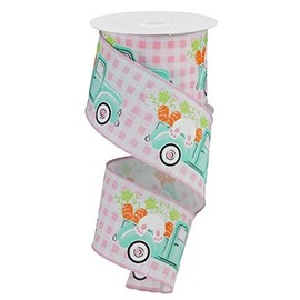 Easter Bunny and Carrots in Truck Wired Edge Ribbon, 10 Yards (Light Pink Gingham, 2.5 Inch)