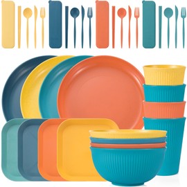 36PCS Wheat Straw Dinnerware Sets - Reusable Plates and Bowls Sets, Unbreakable Cups, Knives, Forks, Spoons & Chopstick, BPA free, Microwave, Dishwasher Safe Tableware Kitchen Outdoor Camping Gifts