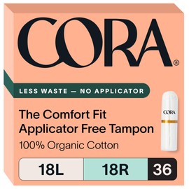 Cora Organic Tampons, Non-Applicator, 100% Organic Cotton | Ultra-Absorbent, Unscented, Natural, Non-Toxic, Applicator Free | Eco-Conscious (36 L/R Tampons)