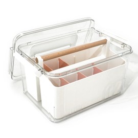 RETRONLY Stack & Carry Craft Box - Art Supply Storage Containers with Dividers, Clear Portable Craft Caddy with Latch Handle(11'', Pink, 2in1 Set)