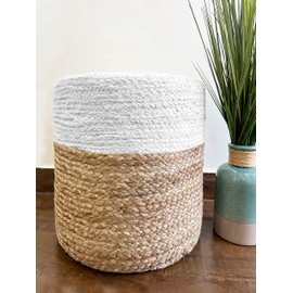 S & L Homes Pouf Ottoman - 100% Jute Braided Footrest Pouf Hand Knitted Traditional Cord Boho Pouffe for Living Room, Bedroom, Nursery, Patio, Lounge Colorblock - Natural Ivory (16”x16”x16”)
