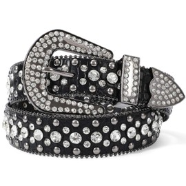 Leacoolkey Women's Men's Fashion Rhinestone Belt, Western Cowgirl Rivets Punk PU Leather Belt for Jeans Men, A-Black