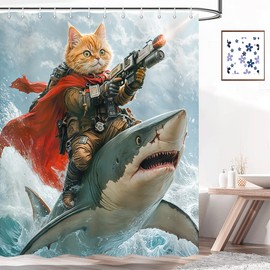 Funny Animal Shower Curtain, Blue Cool Cat Riding Shark Ocean Wave Shower Curtain for Bathroom, Fun Nautical Kids Children Fabric Bath Curtain with 12 Hooks Men Bathroom Decor Accessories,70X70IN