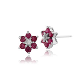 Gemondo 9ct White Gold Round Six Ruby & Diamond Floral Cluster Stud Earrings