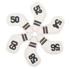 Golf Club Wedge Head Covers 6 Piece Set 50, 52, 54, 56, 58, 60 Degrees Headcover Protectors White with Rainbour Coloured Numbers