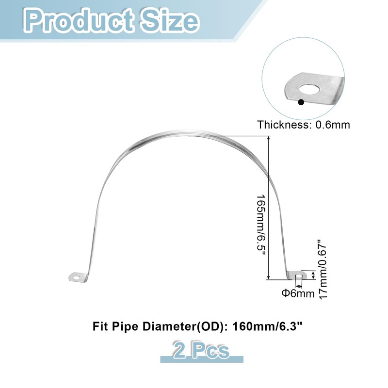 sourcing map 2Pcs Rigid Pipe Straps, 160mm(6.3") 304 Stainless Steel