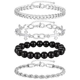 4pcs Bracelets for Men Women Silver/Gold/Black Cross Cuban Zircon Link Rope Chain Bracelets Set Stainless Steel Adjustable Metal Bracelet Mens Fashion Accessories Jewelry Set