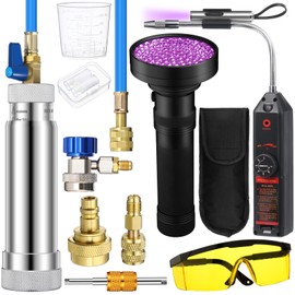 Tellegloww AC Leak Detector Kit, R1234yf R134a R410a AC Oil UV Dye Injector Kit Refrigerant Leak Detector Tool Low Side Quick Coupler Mini Split Adapter Glasses Flashlight(Efficient)
