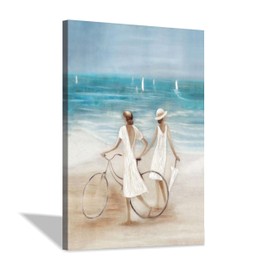 Coastal Pictures Canvas Wall Art: Beach Lady & Bicycle Artwork Blue Ocean Sailboat Painting Seascape Nautical Scenes Print on Canvas for Living room 45"x30"