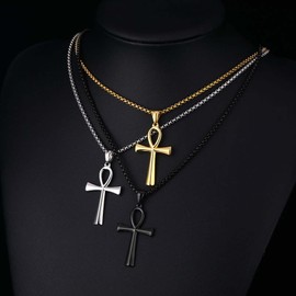 LOSTERLO Ankh Necklace for Men Women, Stainless Steel Egyptian Mens Chain Necklaces Pendant Silver Gold Black Plated Mens Jewelry Gift