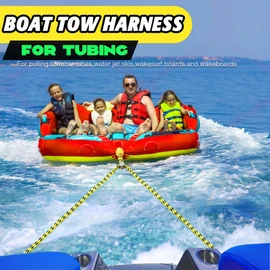 Boat Tow Harness for Tubing, Heavy-duty 13ft Self Centering Tow Rope Up to 4 Riders with Float Ball, Stainless Steel Hooks and Pulley for Watersports,Towing Towable Tube, Water Ski, Wakeboard (Yellow)