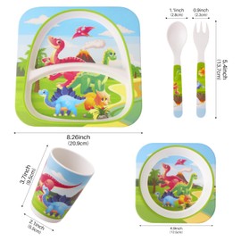 Qshare Bamboo Toddler Dinnerware Set,5Pcs Baby Plates and Bowls,Bamboo Kids Plates and Bowls Set,Kids Dishes Dinnerware Sets with Plate,Bowl,Cup,Fork and Spoon (Tyrannosaurus)