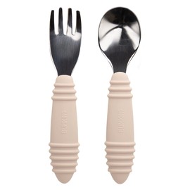 Bumkins Toddler Utensils, Kids Size Fork and Spoon Set, Silicone and Stainless-Steel Training Silverware, Angled Forks/Sporks for Self-Feeding, Children Hold Learning to Eat, 18 Mos Up, Sand Beige