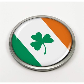 Flag of Ireland Irish Wish Shamrock | 3D Domed CAR Emblem Badge Sticker Chrome Metal Round Bezel