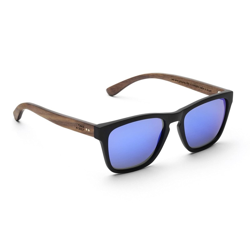 TAKE A SHOT Wooden Sunglasses Men's Polarised Mirrored Small Black