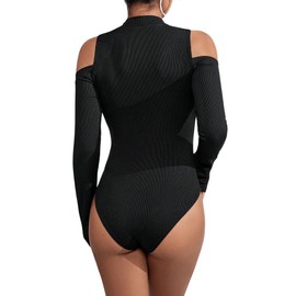 GORGLITTER Lace Bodysuit, Women's Elegant Bodysuits, Off Shoulder Bodysuit, Long Sleeve Top, Knitted Body Bodies with Stand-Up Collar, black