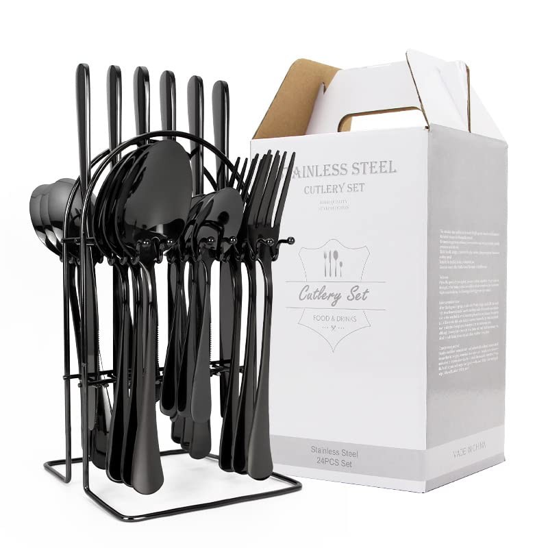 Flatware Set Rack,24 Piece Gilded Silverware Set with stand,Hanging Stainless