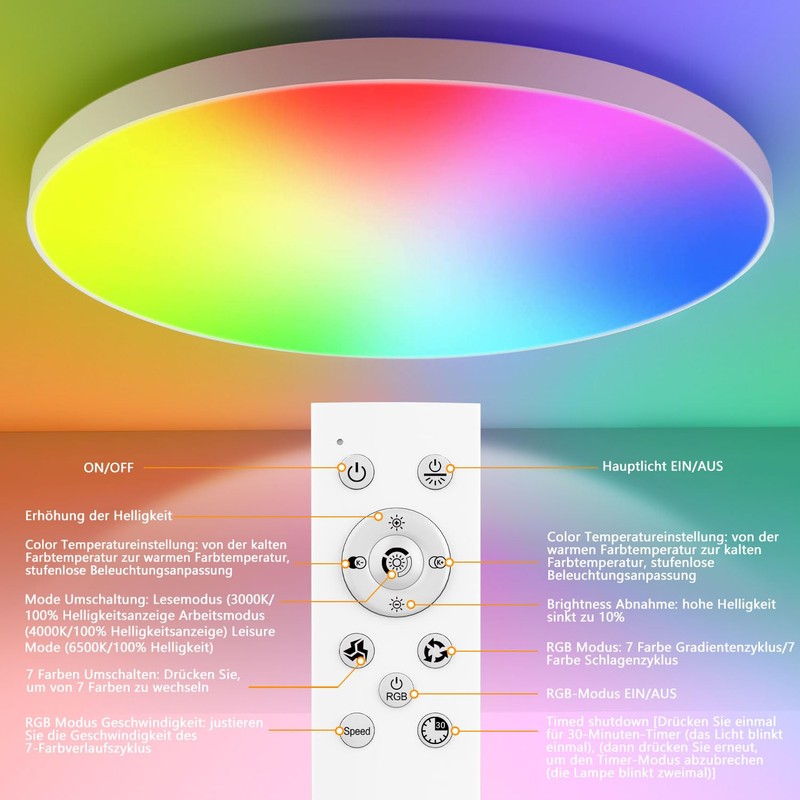 OUILA LED Ceiling Light Dimmable 24 W RGB Colour Changing