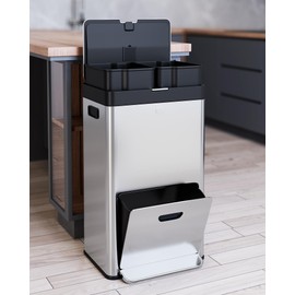 Vertical Trash Can - 2 Tiers 14 Gal Stainless Steel Tall Trash Can with Recycle Combo for Office Indoor