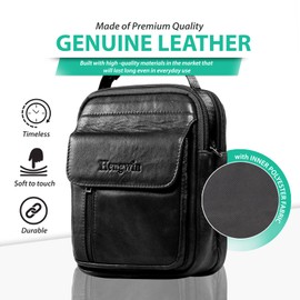 hengwin Leder Schultertaschen Herren, Kleine Umhängetasche Männer Business-Tasche Messenger Bag Handgelenktasche Handytasche Gürteltasche Reisetasche mit Gürtel Schleife (Schwarz)
