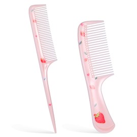 Toddler Comb,2 Pcs Small Cute Hair Comb, Mini Baby Hair Combs Set Fine Tooth Rat Tail Combs for Women Portable Anti-Static Plastic Tools for Girls Curly Straight Long Hairs Wet Dry (Pink Strawberry)