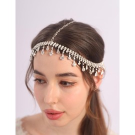 Teyglen Rhinestone Tassel Head Chain Bridal Crystal Headchain Boho Forehead Headpiece Festival Hair Chain for Women Costume Wedding Head Jewelry (Silver)